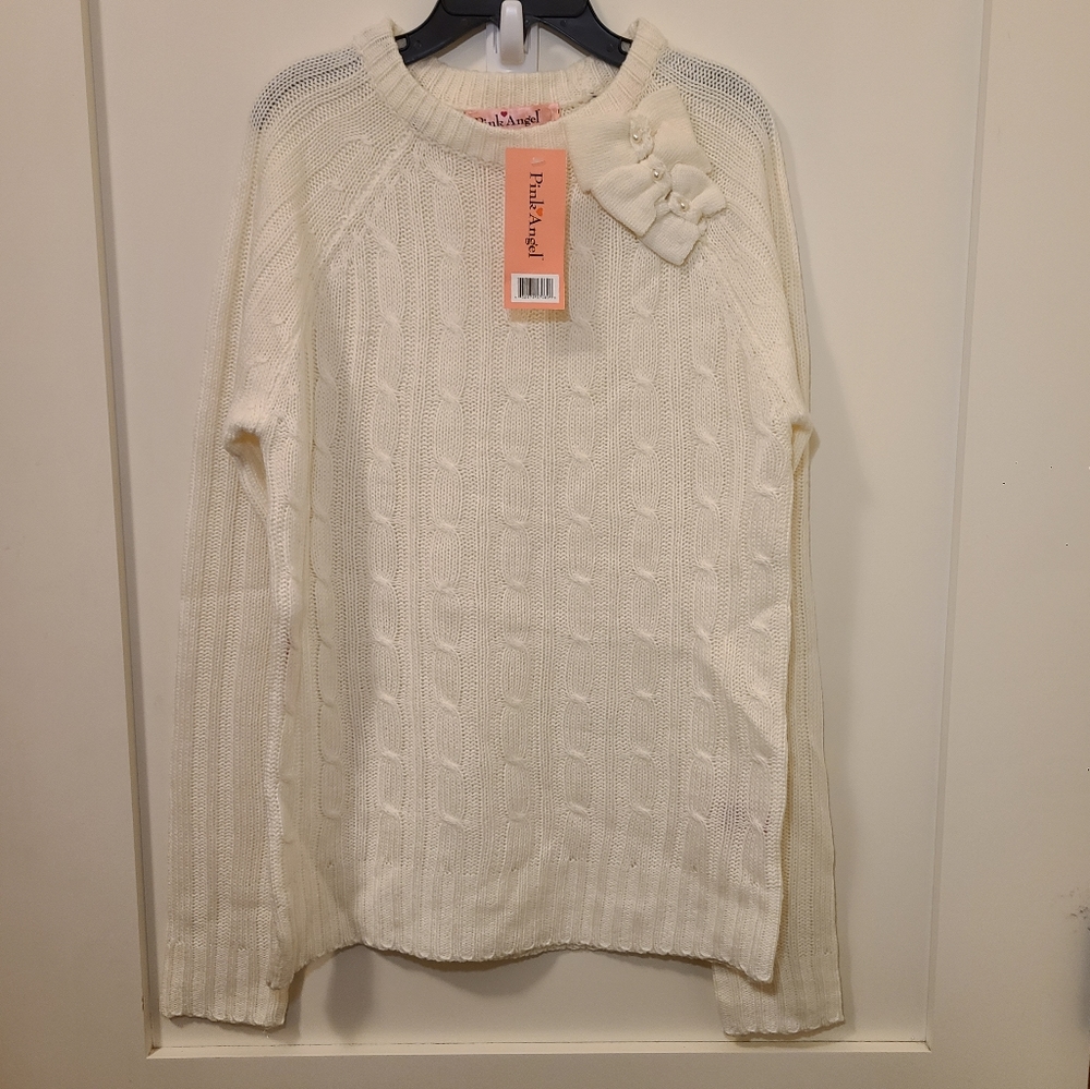NWT Girls Pink Angel White Sweater XL